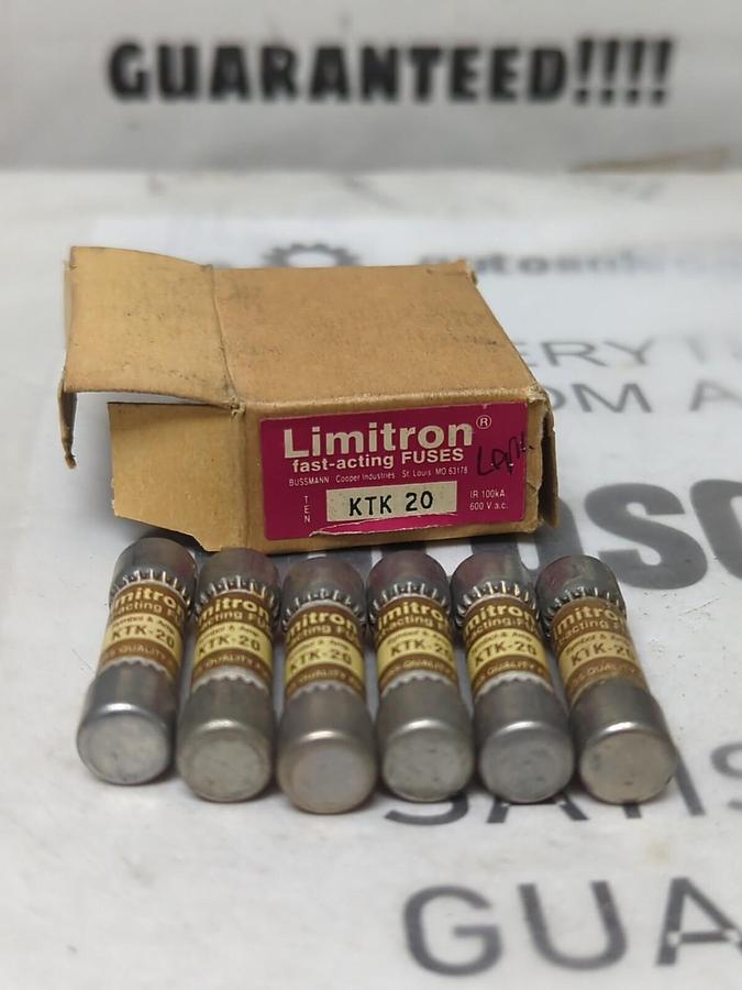 COOPER BUSSMANN,KTK-20,LIMITRON 20 AMP FUSES BOX OF 6 FUSES NOS