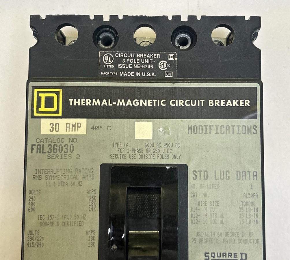 Used SQUARE D,FAL36030,CIRCUIT BREAKER 30A 600V 3P