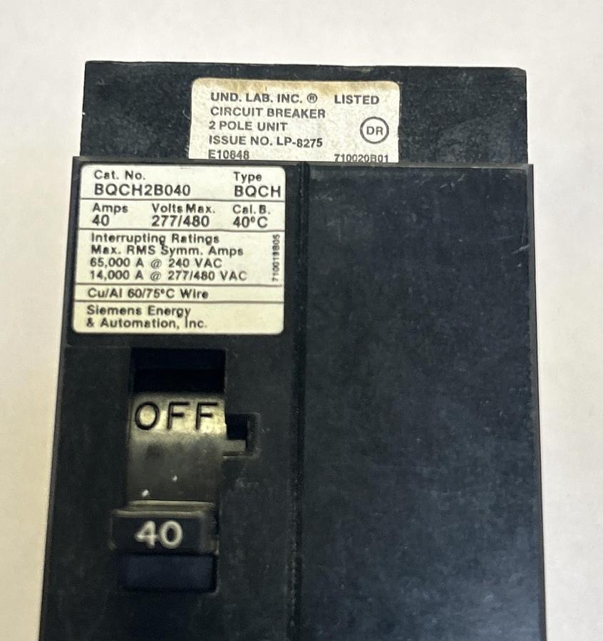 Used SIEMENS,BQCH2B040,CIRCUIT BREAKER 40A 277V 2P