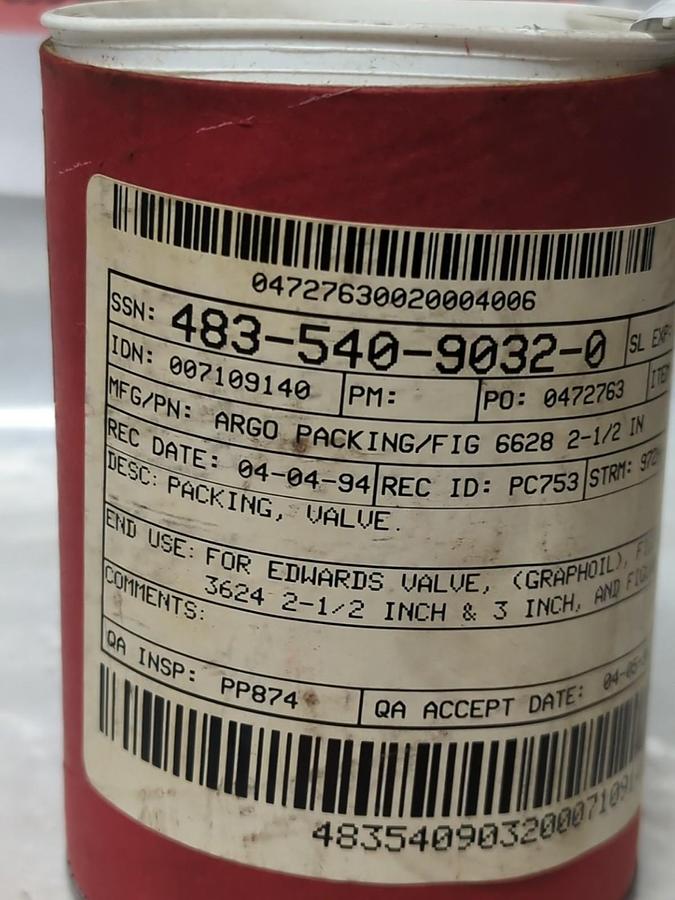 ARGO PACKING,6628,PACKING FOR EDWARDS VALVE FIGURE 3624 2-1/2-3 INCH NOS