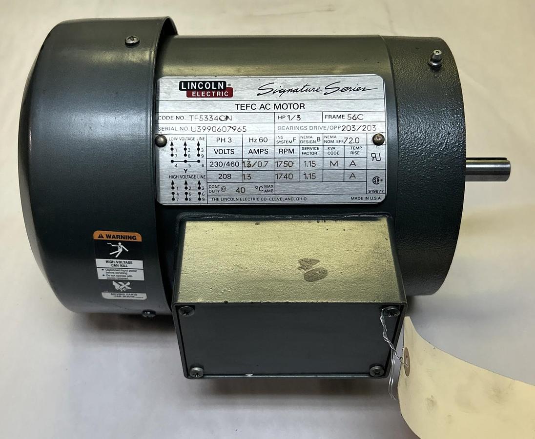 LINCOLN,TF5334CN,AC MOTOR 1/3HP 1750RPM 230/460V 3PH 56C FRAME NOS