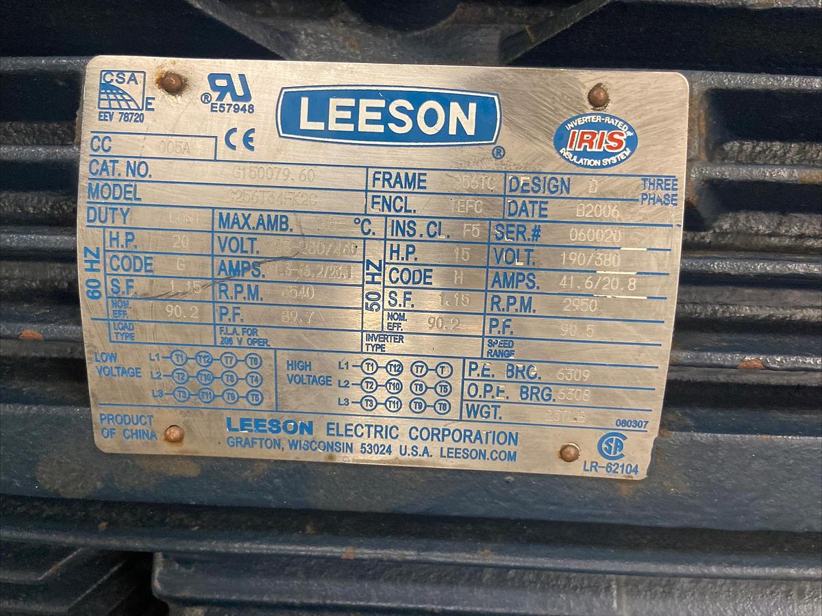 Used Leeson,G150079.60 20HP,Motor 3540RPM 208-230/460V Frame 256TC
