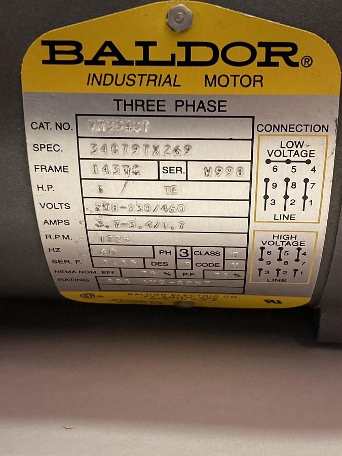 Baldor,VM3946T,3-Phase Industrial Motor 1HP 143TC 208-230/460V