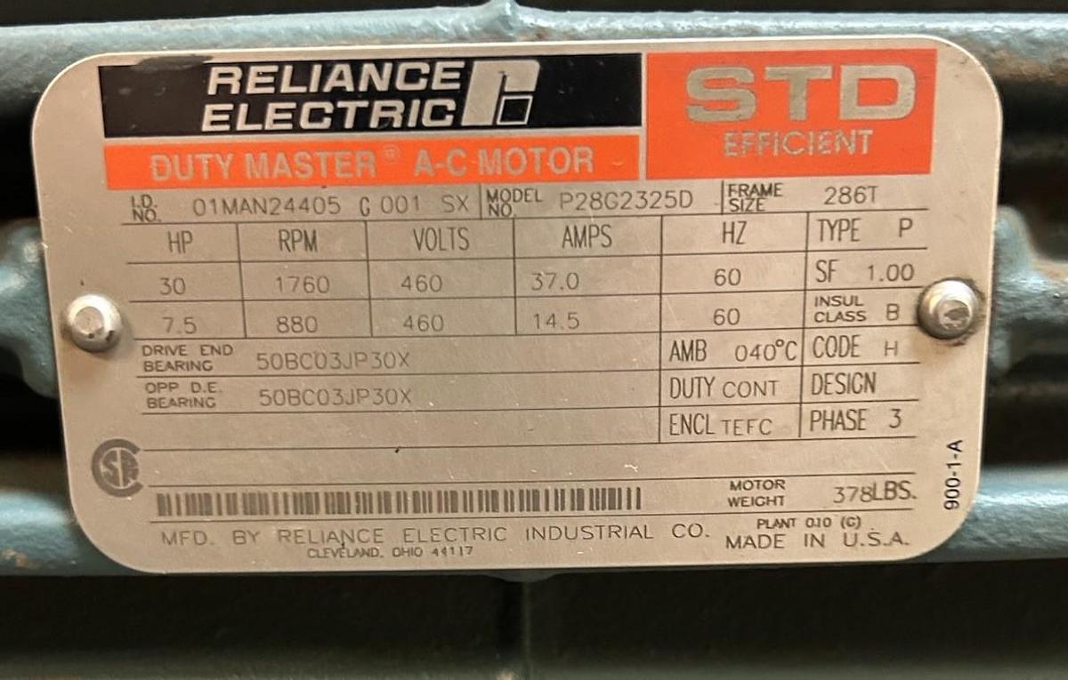 Used RELIANCE,P28G2325D,MOTOR 7.5HP / 30HP 460V 880RPM / 1760RPM 3PH 286T FRAME