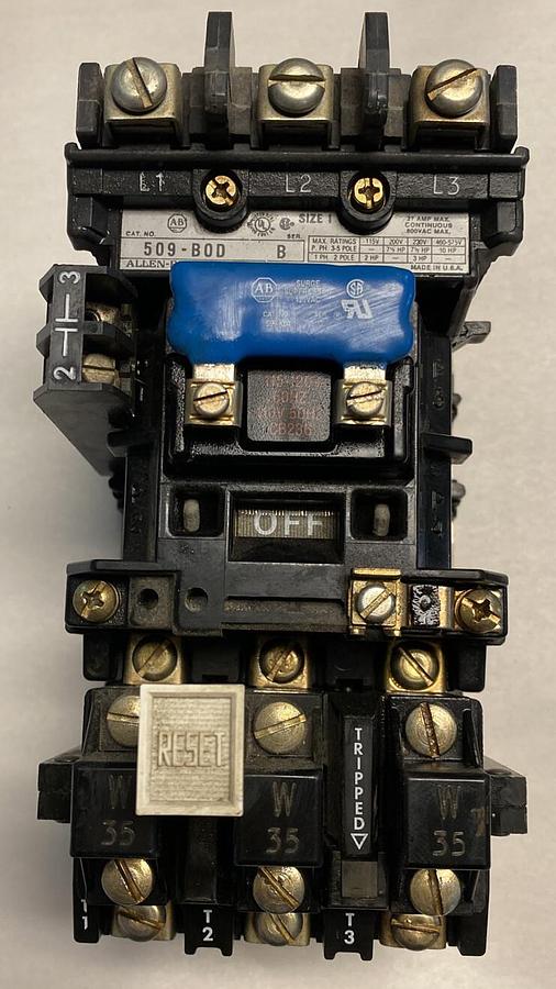 Used Allen-Bradley,509-B0D,Series B Size 1 Motor Starter 27AMP 600V 3 Pole 120V Coil