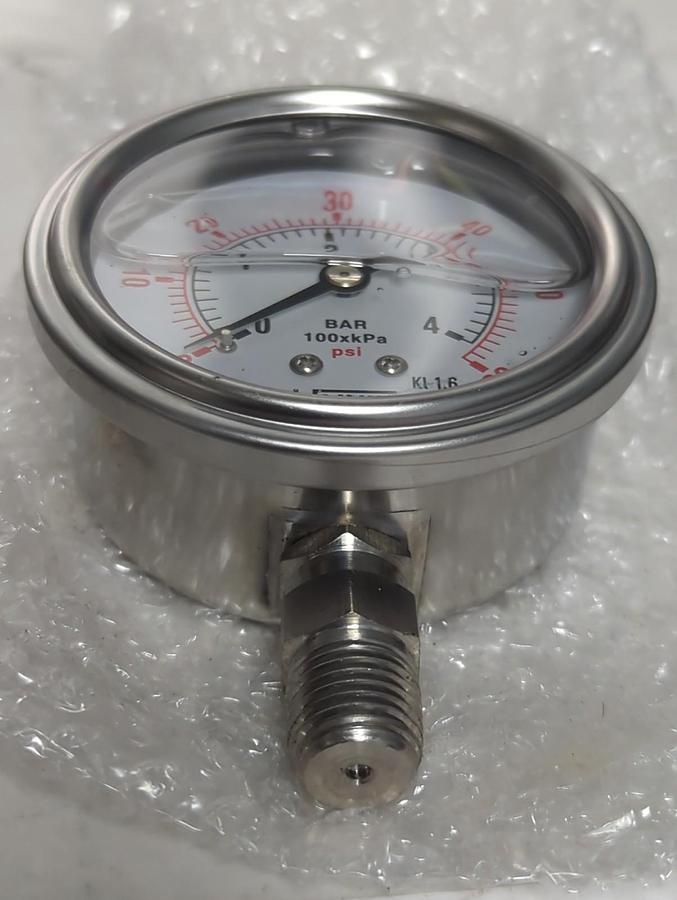 UNIJIN,P255,2-1/2 IN PRESSURE GAUGE 0-4BAR KPS/PSI 1/4 IN BOTTOM CONNECTION NOS