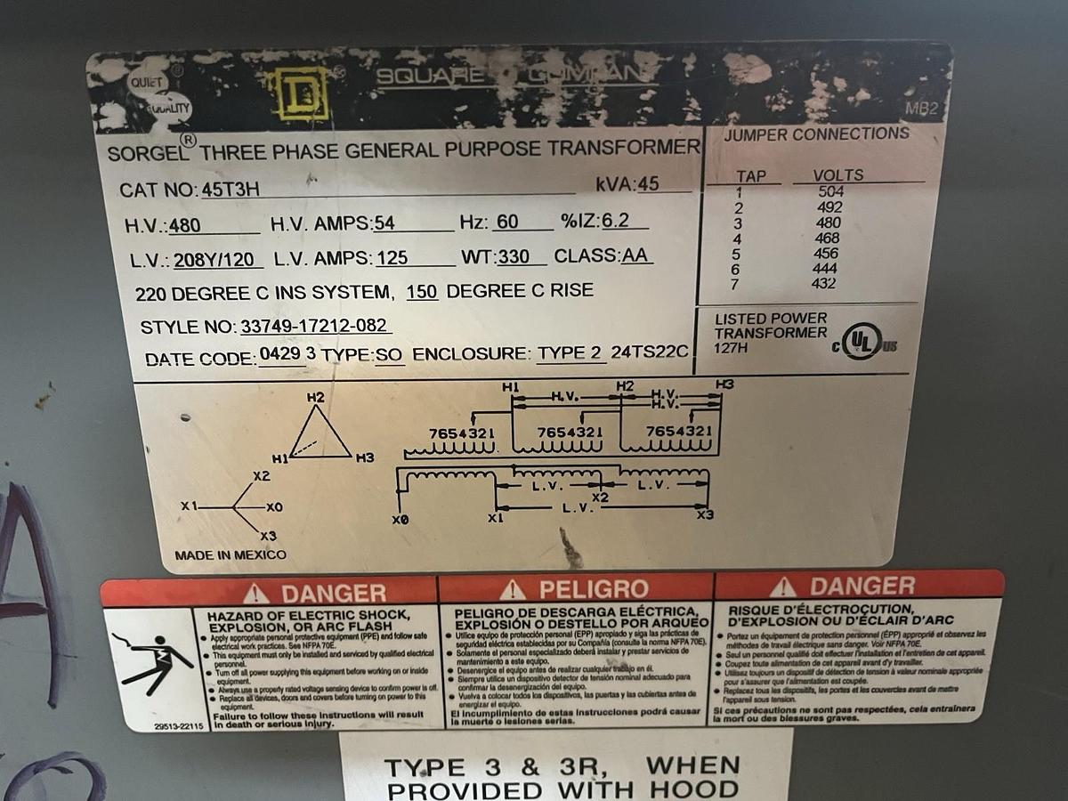 Used SQUARE D,45T3H,TRANSFORMER 45KVA 3PH HV 480V LV 208Y/120V