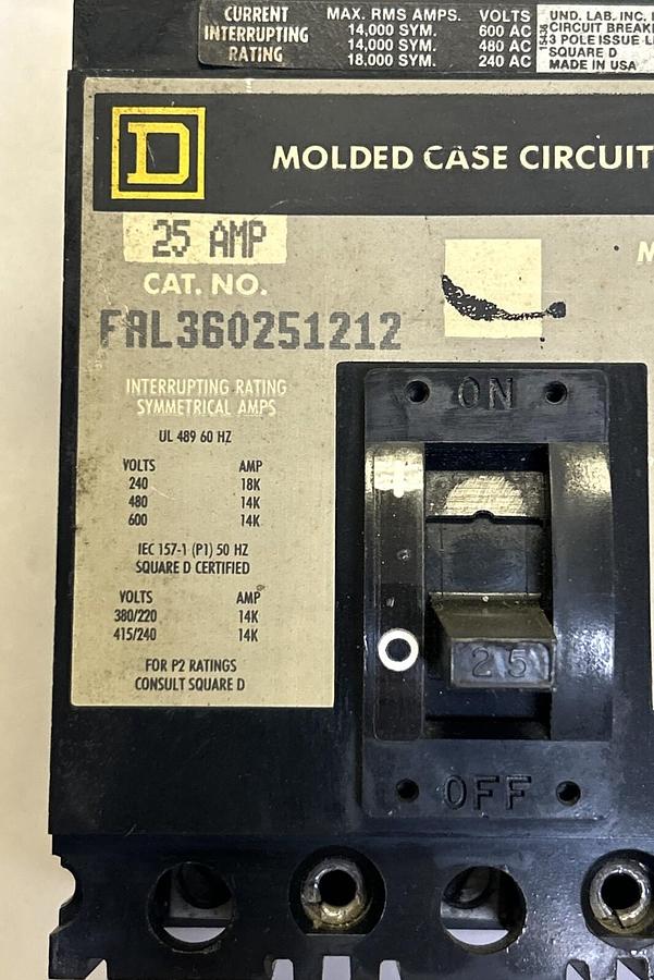 Used SQUARE D,FAL360251212,CIRCUIT BREAKER 25A 600V 3P