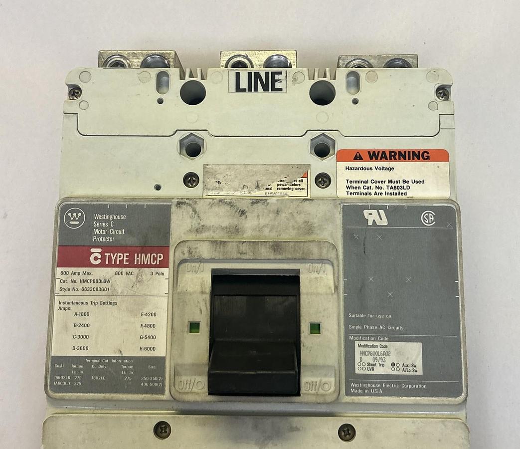 Used WESTINGHOUSE,HMCP600L6W,CIRCUIT BREAKER 600A 600V 3P