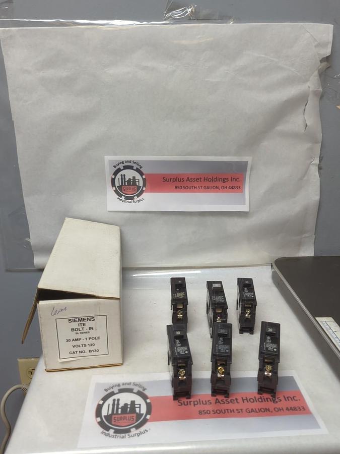 Used SIEMENS,B130,CIRCUIT BREAKER 30 AMP 1-POLE LOT OF 6 PRE-OWNED