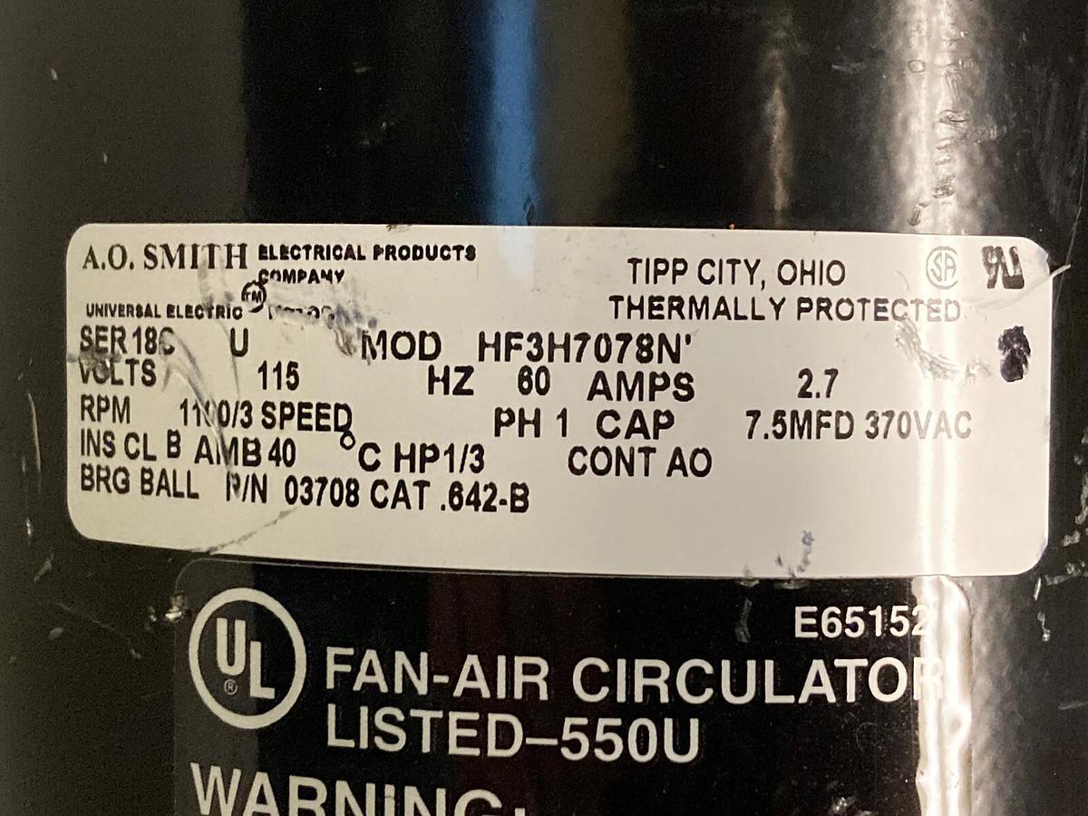 AO Smith Century,HF3H7078N,1/3HP Compressor Motor 1100/3 RPM 115V