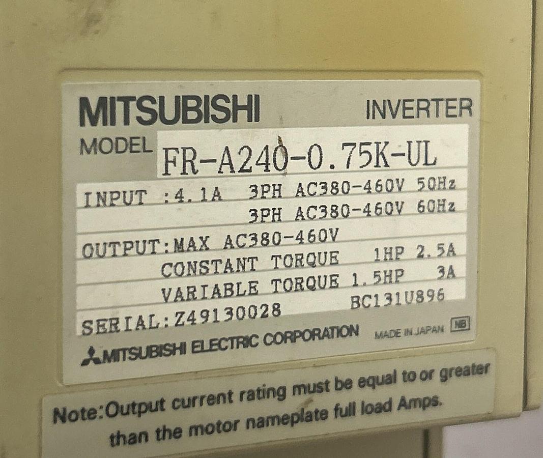 Used MITSUBISHI,FR-A240-0.75K-UL,AC DRIVE 380-460VAC 1HP