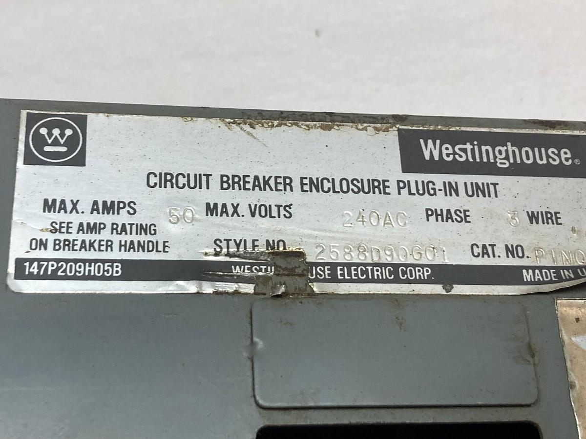 Used Westinghouse,P1N0P,3-Phase Circuit Breaker Plug-In Unit Enclosure 50A 240V