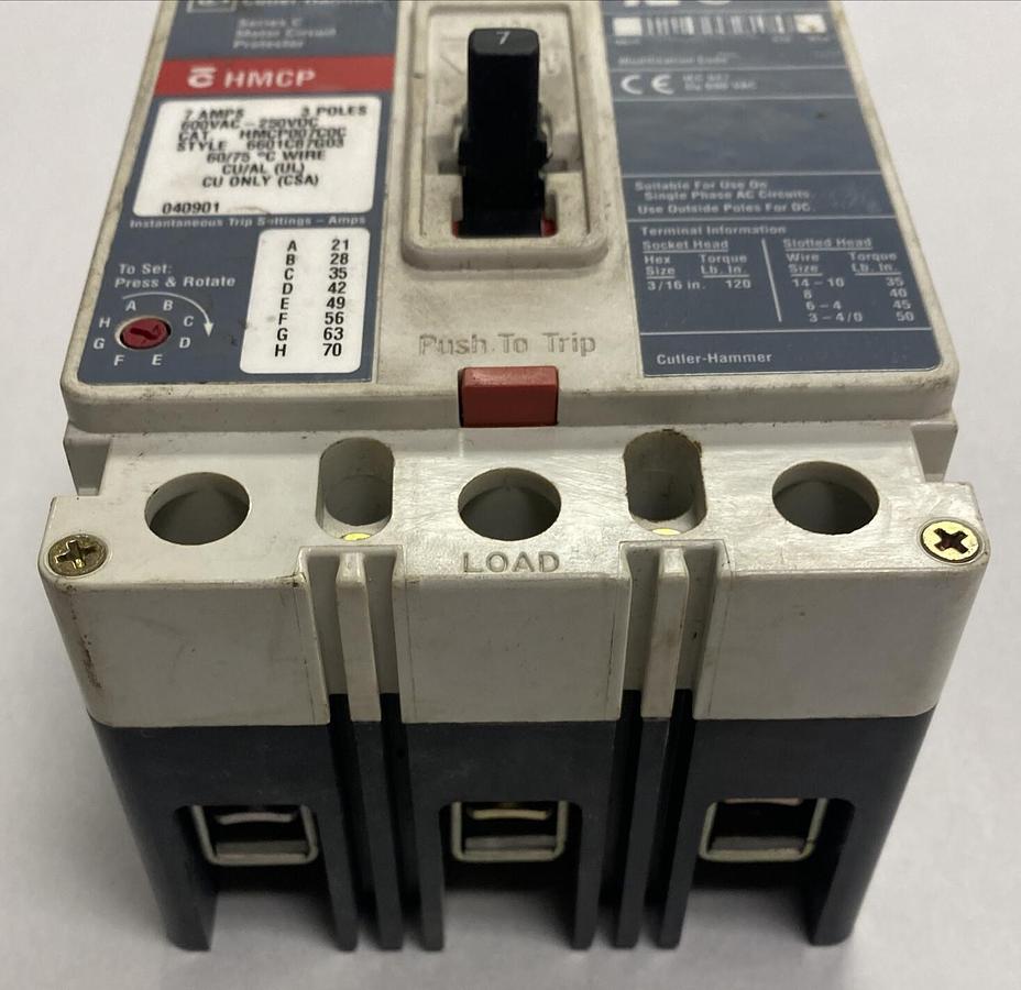 Used Cutler-Hammer,HMCP007C0C,Circuit Breaker 7A 600V 3 Pole