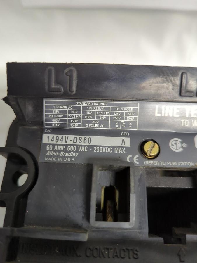 Used ALLEN BRADLEY,1494V-DS60,DISCONNECT SWITCH SERIES A 60 AMP 600VAC PRE-OWNED
