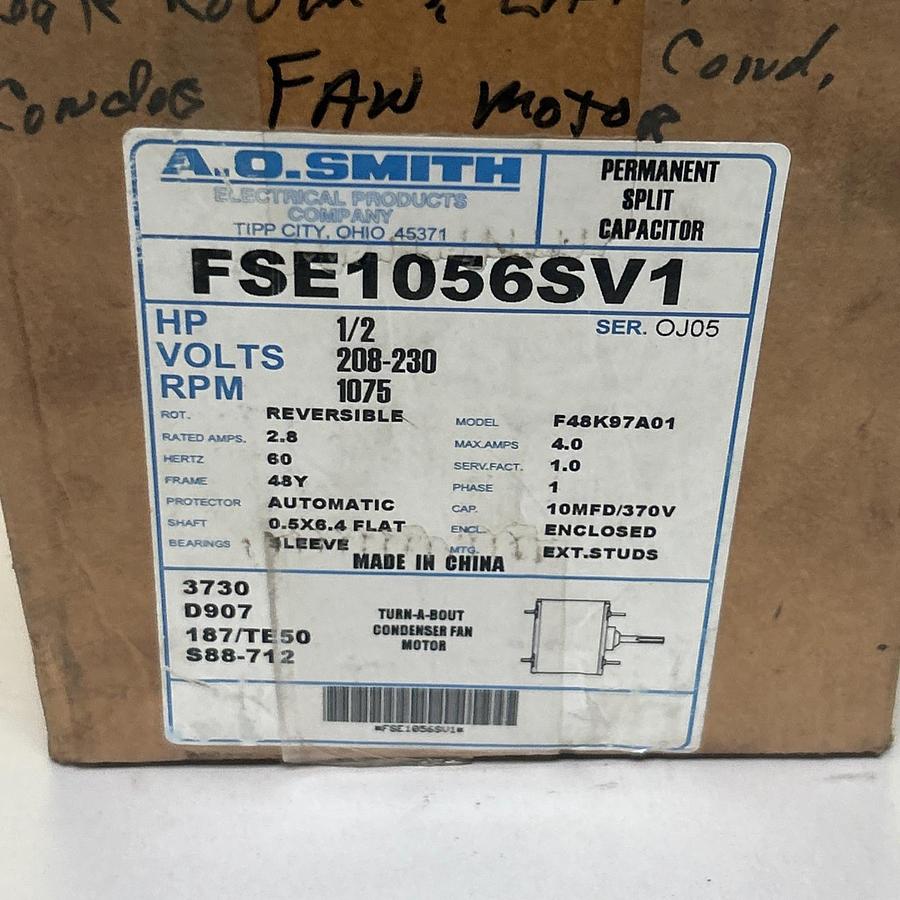 AO SMITH,FSE1056SV1,CONDENSER FAN MOTOR 1/2HP 208-230V 1075RPM 1PH 48Y FRAME