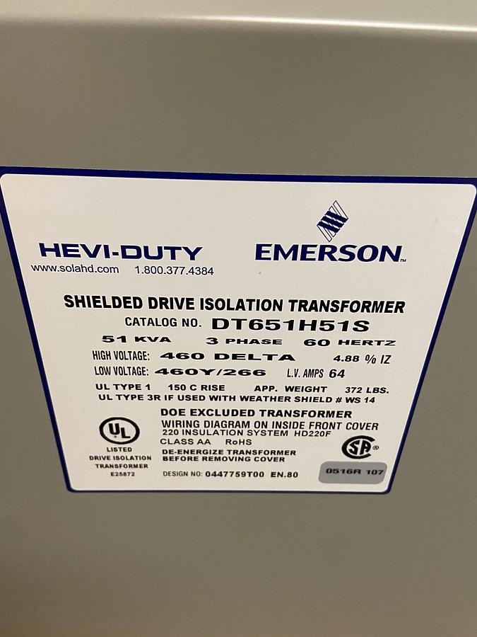 Emerson,DT651H51S 51KVA,Transformer HV 460V Low 460Y/266 3PH