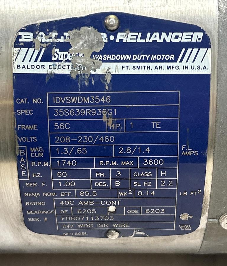 Used BALDOR,IDVSWDM3546,WASHDOWN MOTOR 1HP 1740RPM 208-230/460V 3PH 56C FRAME