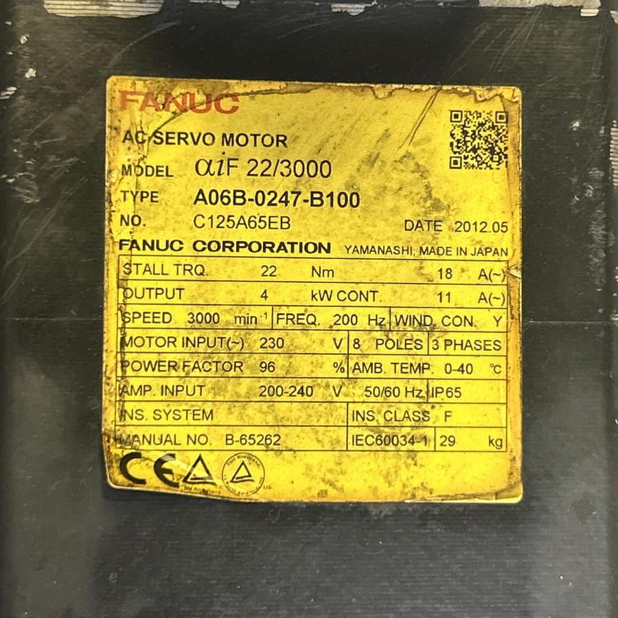 Used FANUC,A06B-0247-B100,AC SERVO MOTOR 3000RPM 230V