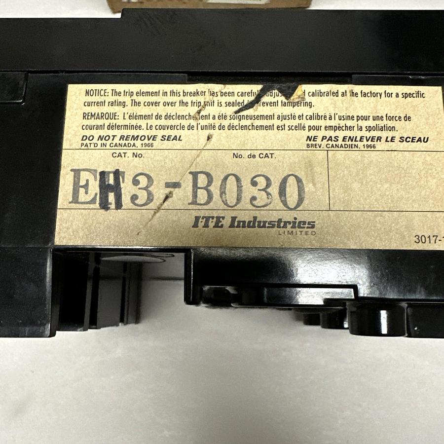 Used ITE,EH3-BO30,30 Amp 3 Pole Molded Circuit Breaker