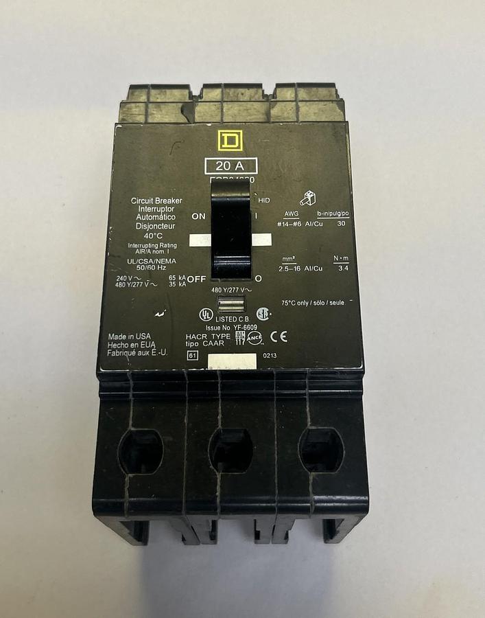 Used SQUARE D,EGB34020,CIRCUIT BREAKER 20A 277V 3P