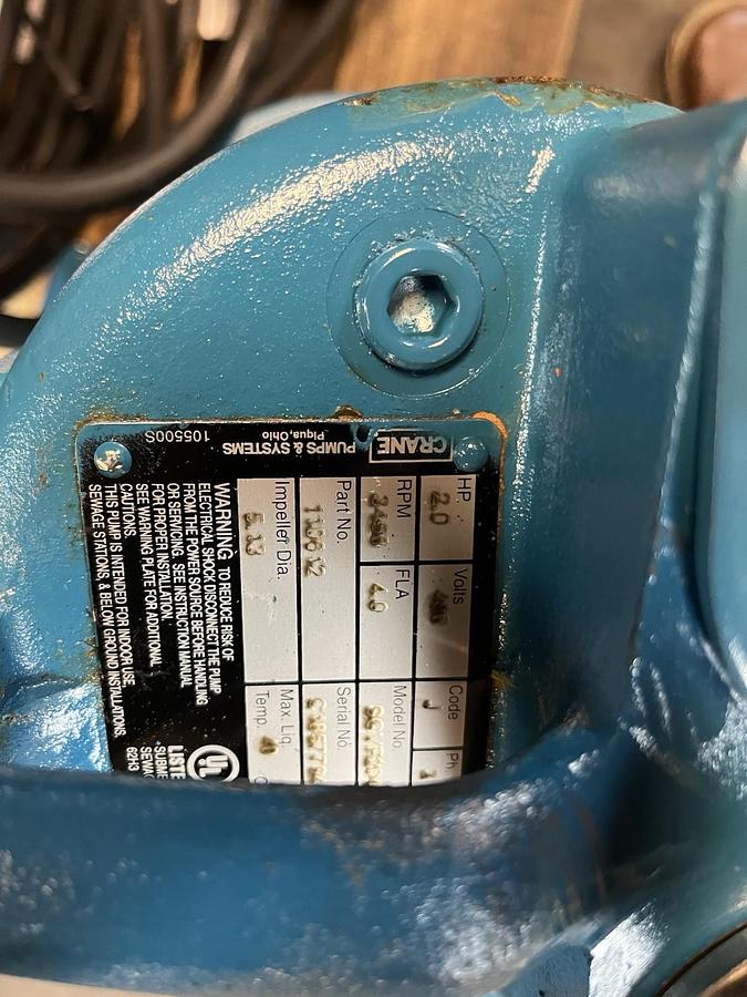 CRANE BARNES,SGVF2042L,SUBMERSIBLE SEWAGE PUMP 2HP 3PH 480V 1-1/4" DISCHARGE