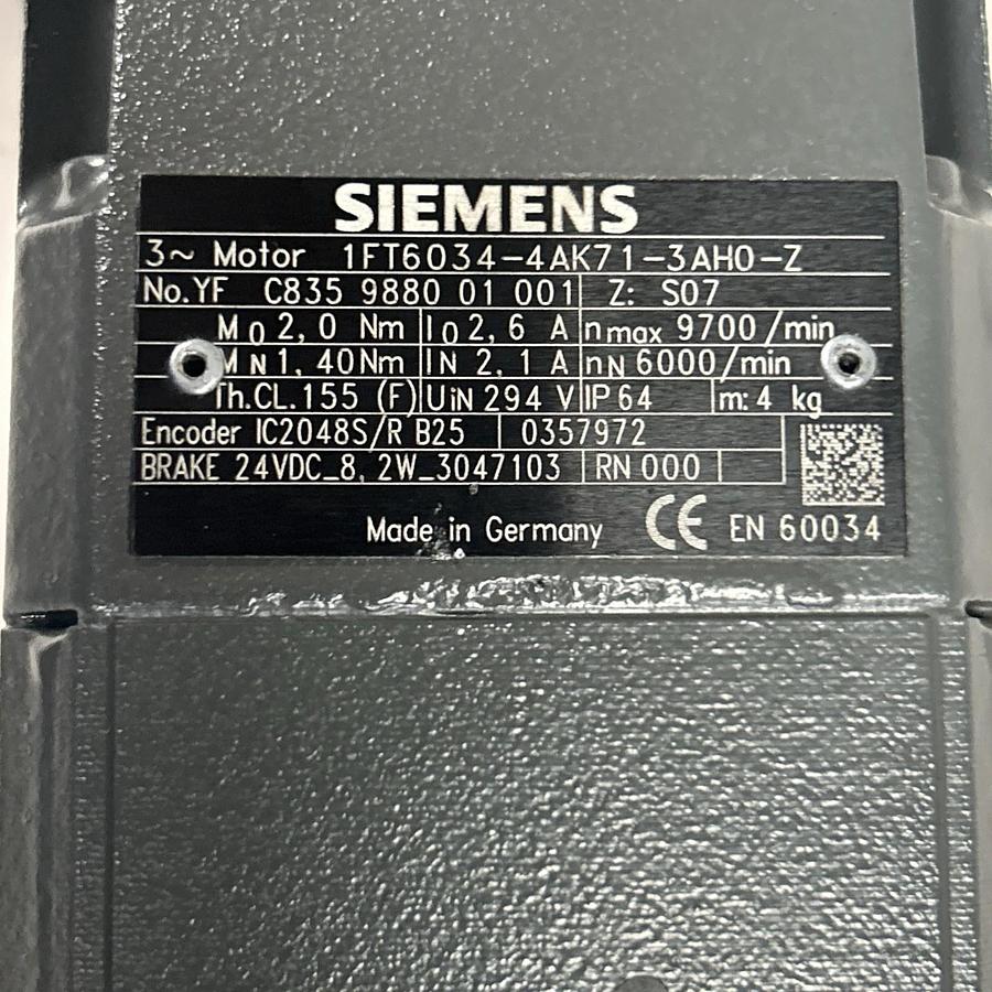 Used SIEMENS,1FT6034-4AK71-3AH0-Z,SERVO MOTOR 6000-9700 RPM