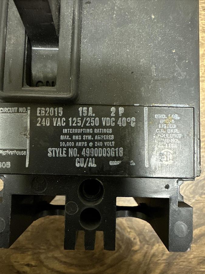 Used Westinghouse,EB2015,2 Pole 15 A Circuit Breaker 240V