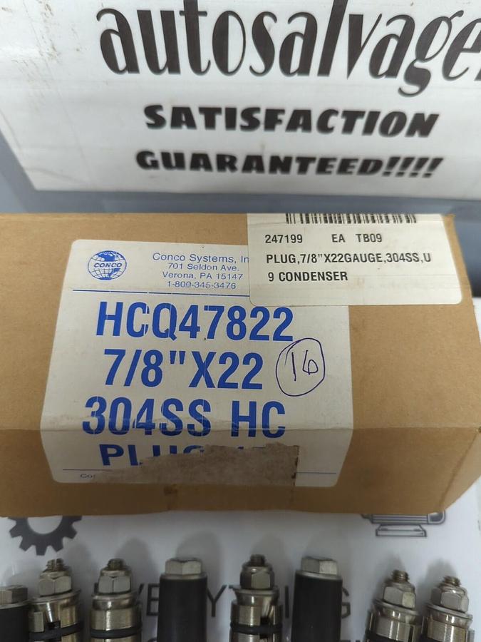 CONCO SYSTEMS,HCQ47822,304 SS HC PLUG 7/8 IN X 22 BOX OF 16 NOS