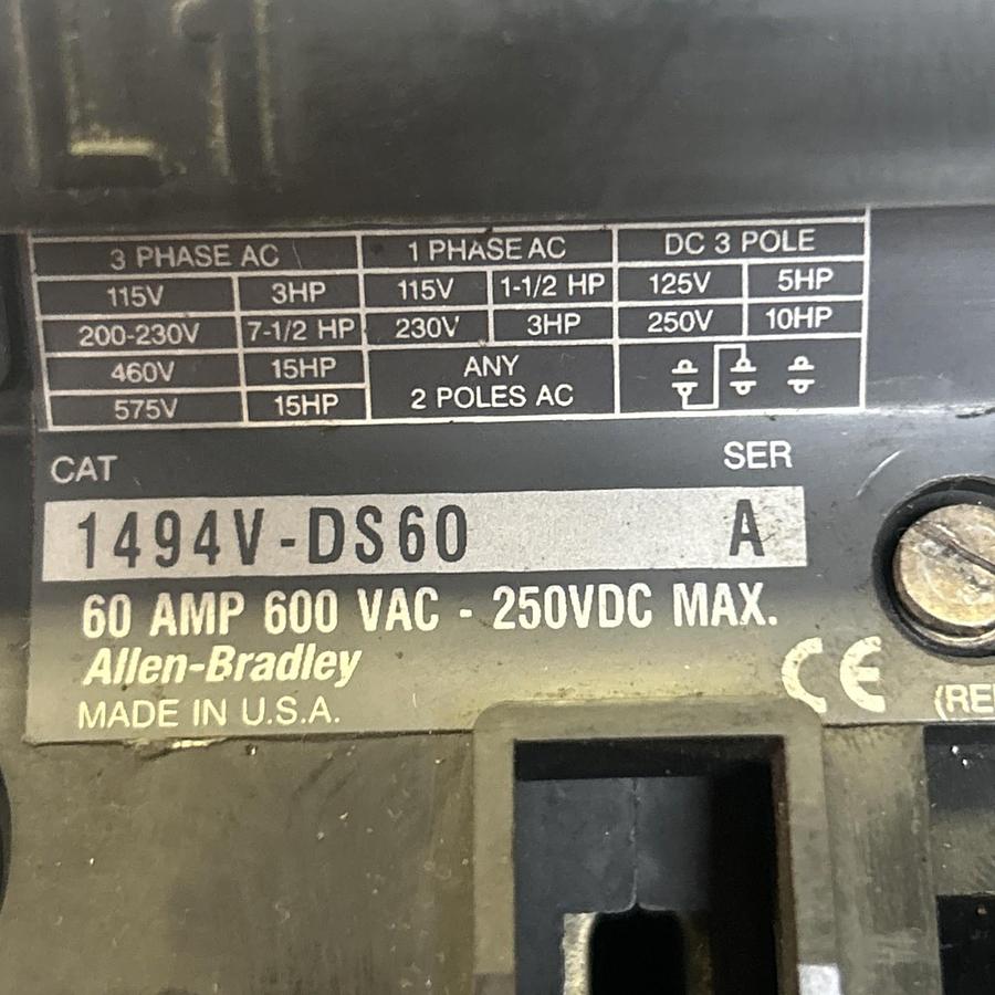 Used ALLEN BRADLEY,1494V-DS60,DISCONNECT SWITCH 60A 600V