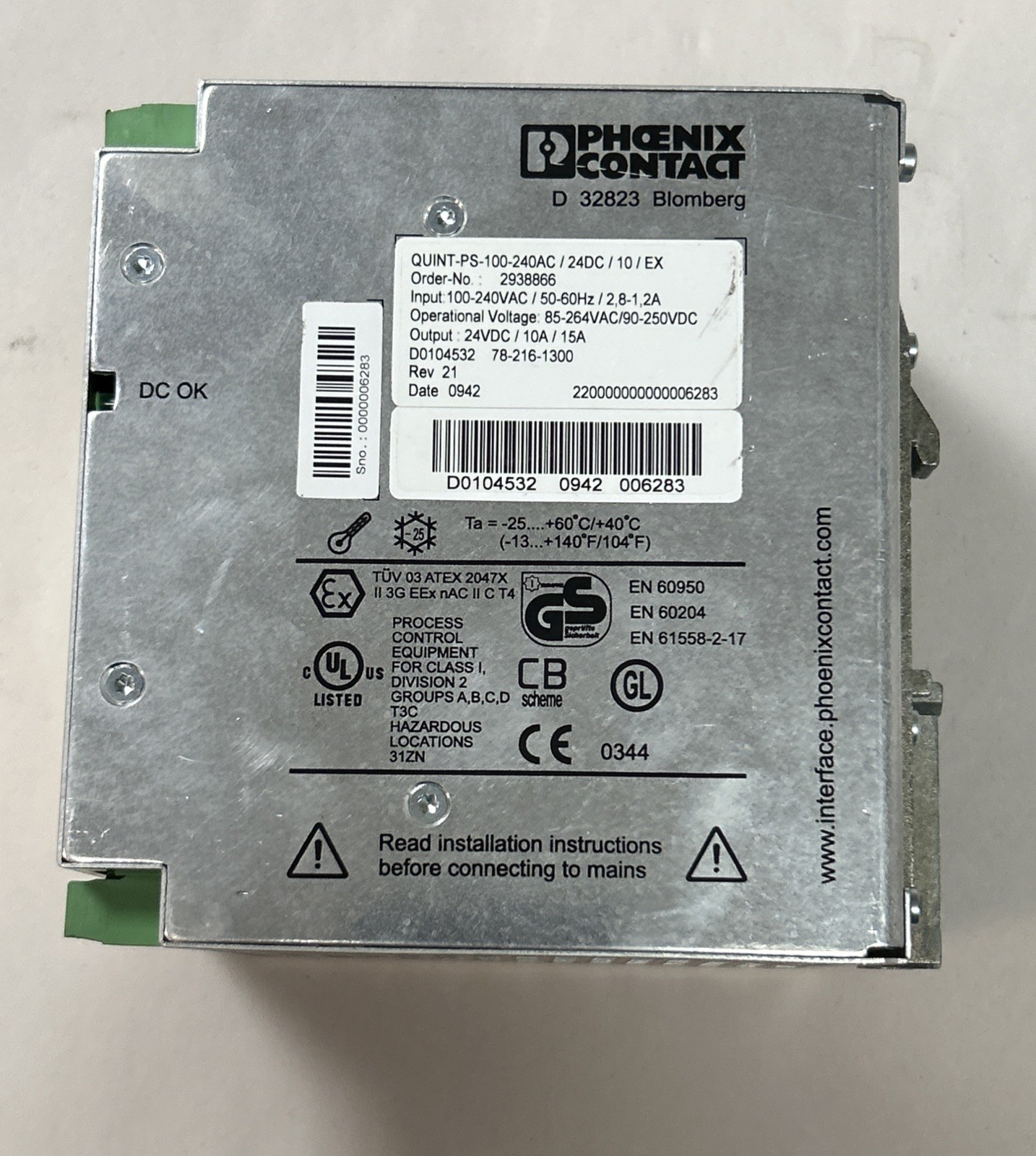 Used PHOENIX CONTACT,QUINT-PS-100-240/24DC/10,POWER SUPPLY 24VDC 10A
