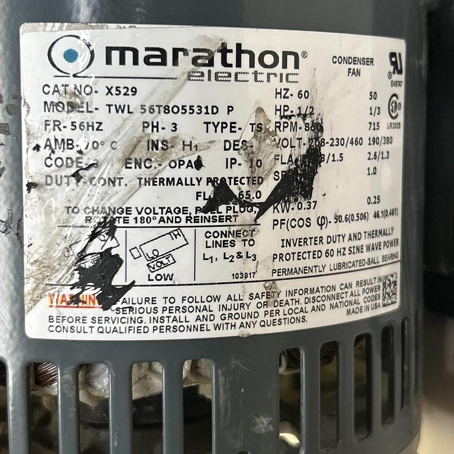 Used MARATHON,X529,MOTOR 1/2HP 460V 850RPM 3PH 56HZ FRAME