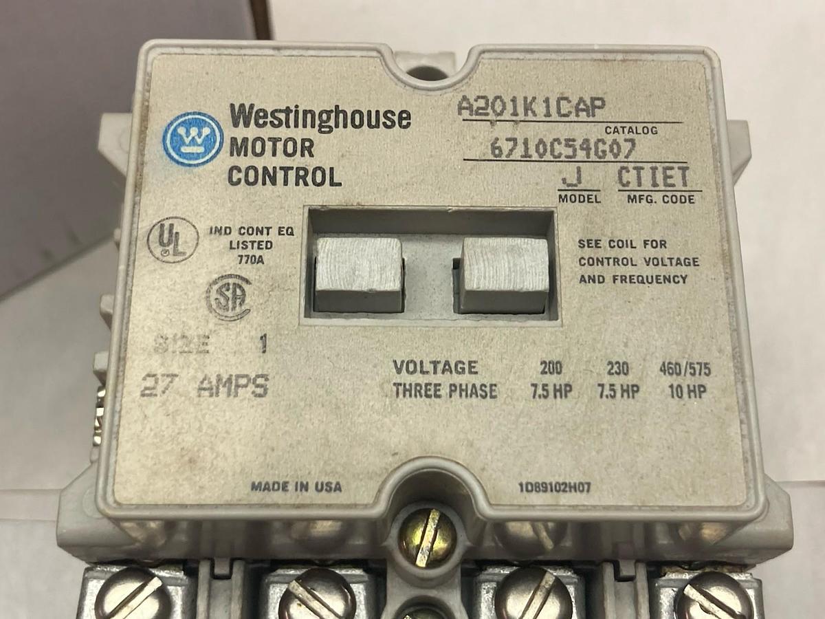 Used Westinghouse,A201K1CAP,3-Phase Motor Control 27A Model J Size 1