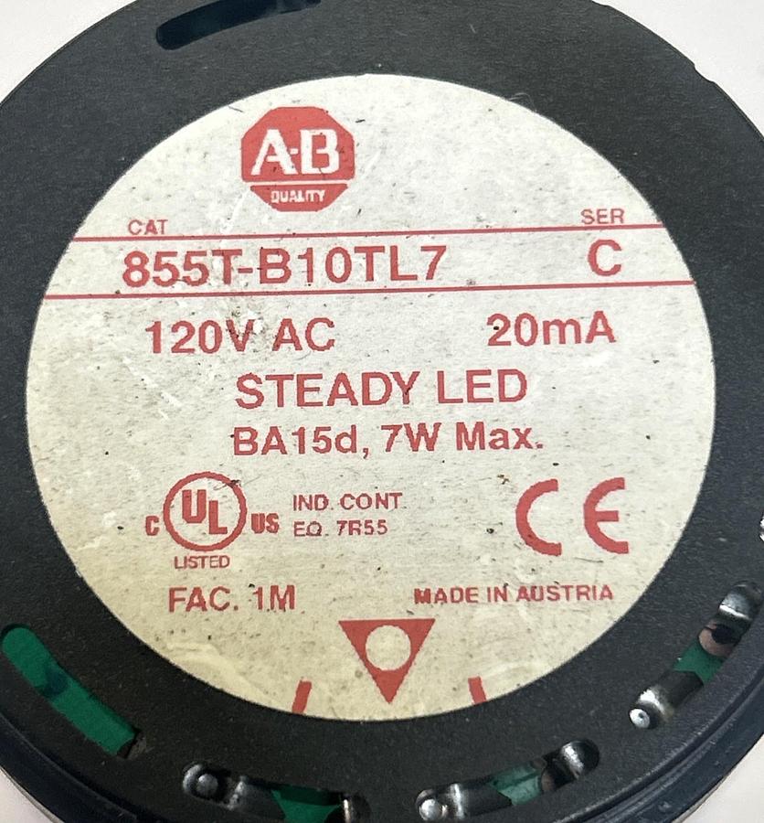 Used ALLEN BRADLEY,855T-B10TL7,SER C CLEAR WHITE STEADY LED STACK LIGHT