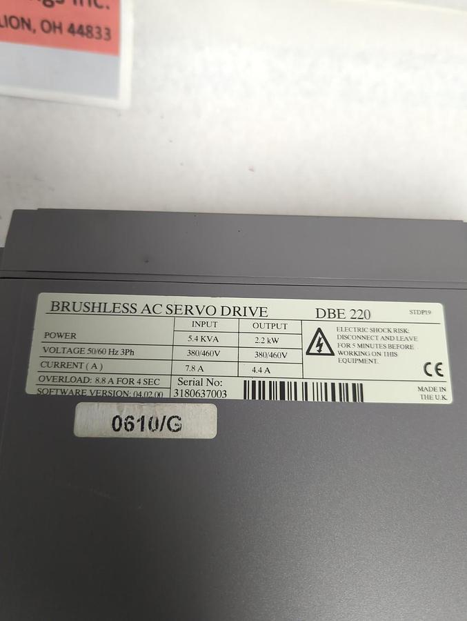 Used CONTROL TECHNIQUES,DBE 220,BRUSHLESS AC SERVO DRIVE PRE-OWNED