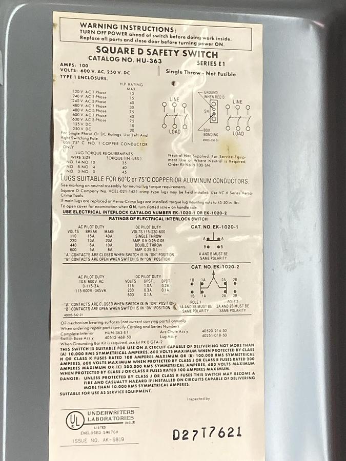 Square D,HU-363,Safety Switch Disconnector