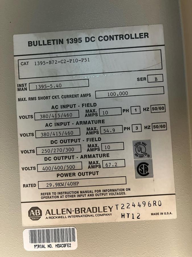 Used ALLEN BRADLEY,1395-B72-C2-P10-P51,DC DRIVE 460 VAC INPUT 500 VDC OUTPUT 40 HP