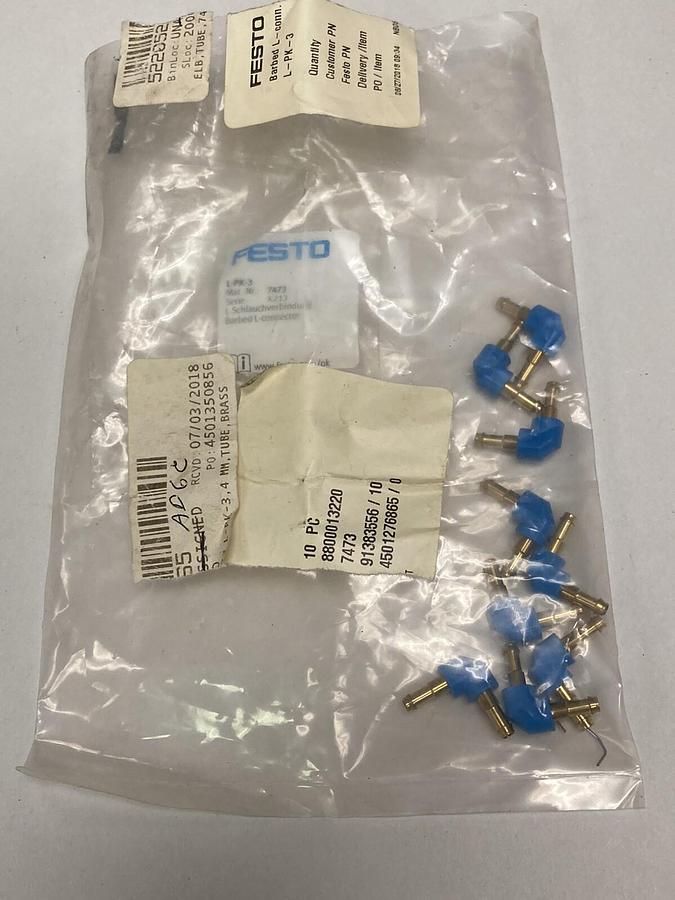 Festo,L-PK-3,Barbed L-Connector Hose Fitting  Lot of 9