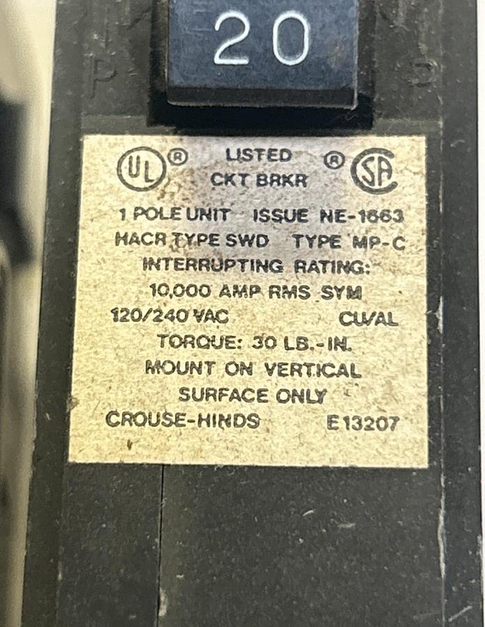 Used CROUSE-HINDS,MP120,CIRCUIT BREAKER 20A 120/240V 1P LOT OF 3