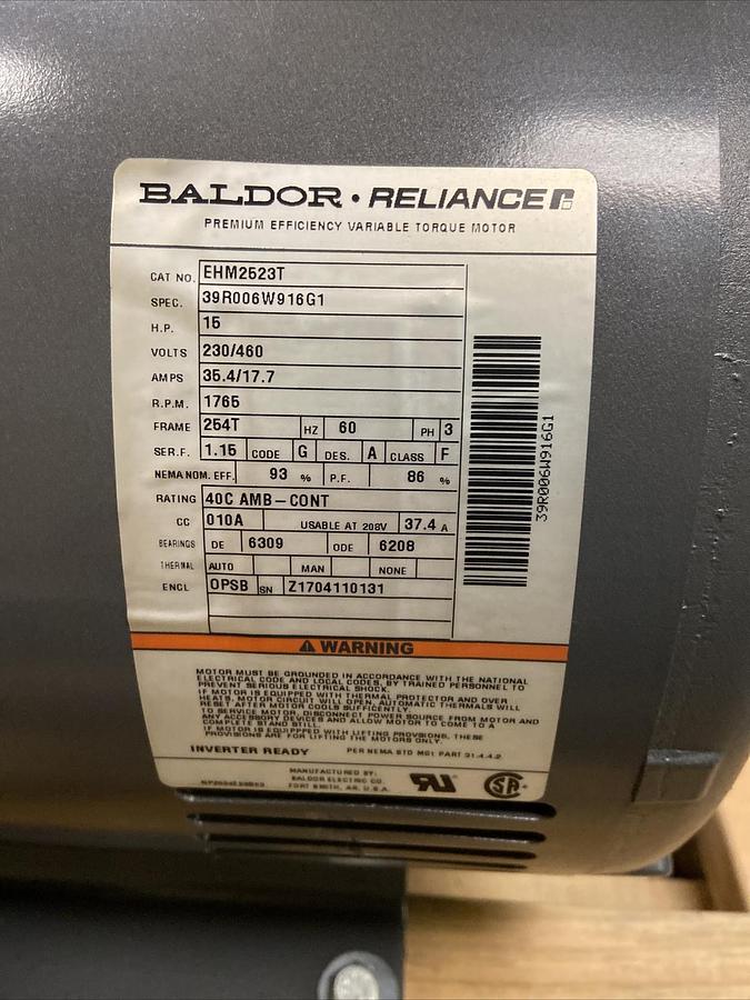 Used Baldor,EHM2523T,Super E 15Hp Motor 1765RPM 230/460V Frame 254T