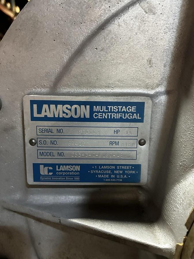 Used Lamson,2558-3-2-8180-AB,15hp Multistage Centrifugal Blower