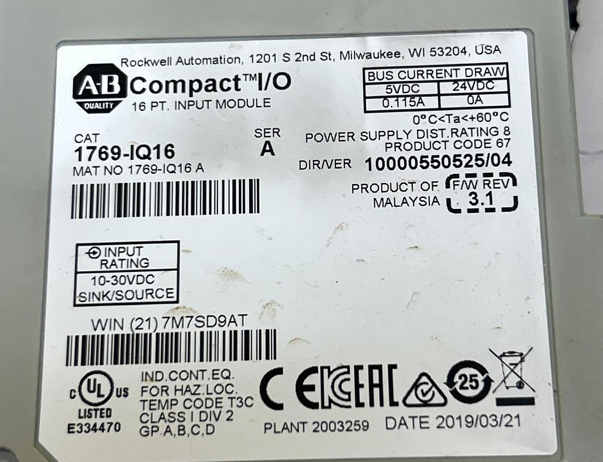 Used ALLEN BRADLEY,1769-IQ16,COMPACT I/O INPUT MODULE