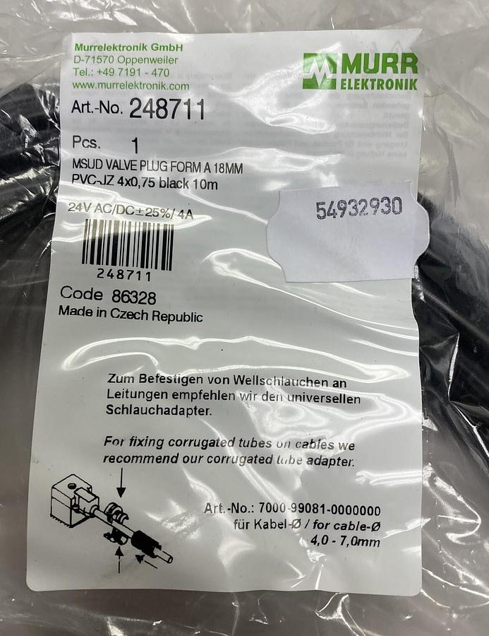 Used MURR ELEKTRONIK,248711 MSUD,VALVE PLUG FORM A NEW