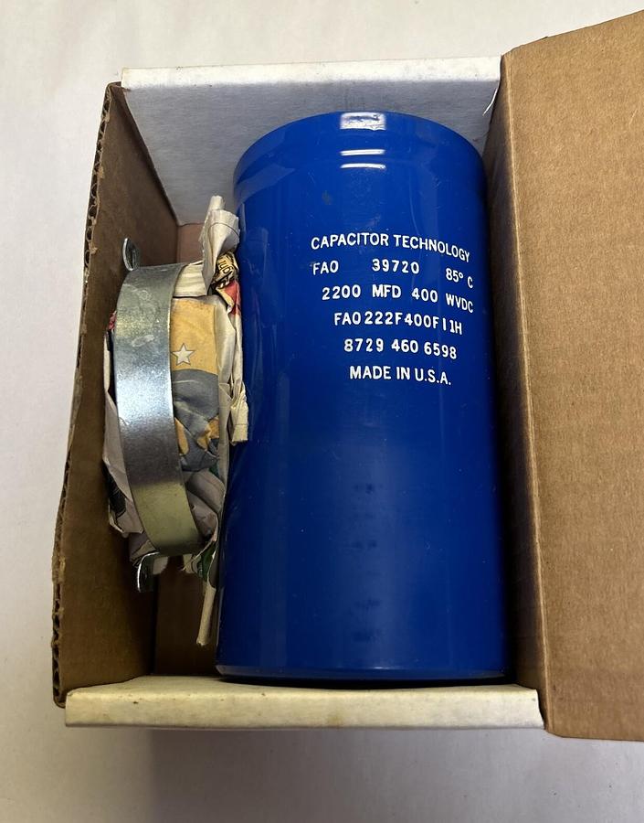 Used CAPACITOR TECHNOLOGY,FA0222F400FI1H,CAPACITOR 2,200 MFD 400 WVDC