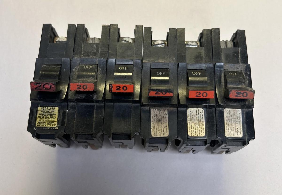Used FEDERAL PACIFIC,NA120,CIRCUIT BREAKER 20A 120/240V 1P LOT OF 6