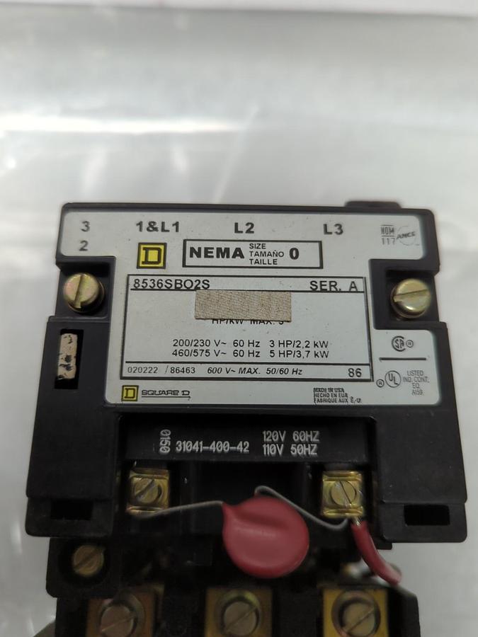 Used SQUARE D,8536SB02S,MAGNETIC MOTOR STARTER SERIES A SIZE 0 120V 60HZ
