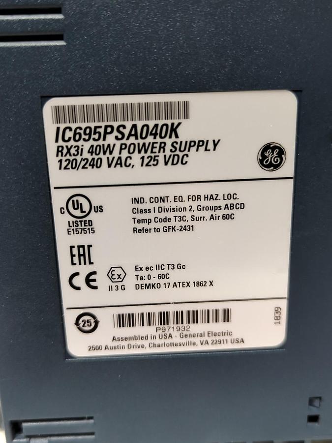 Used GE ,IC695PSA040K,POWER SUPPLY RX3i 40W 120/240 VAC 125VDC PRE-OWNED