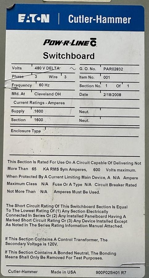 Used Cutler-Hammer,Pow-R-Line C Switchboard 480V Delta 1600 Amp 3 Phase 3 Wire