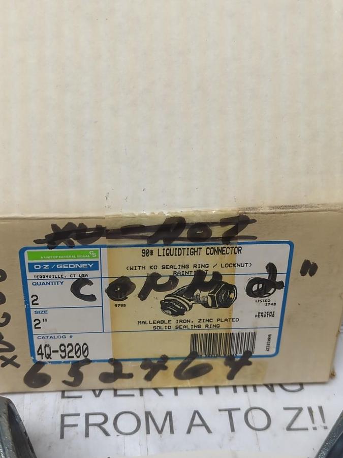 O-Z GEDNEY,4Q-9200,2 INCH 90 DEG LIQUID TIGHT CONDUIT CONNECTORS BOX OF 2 NEW