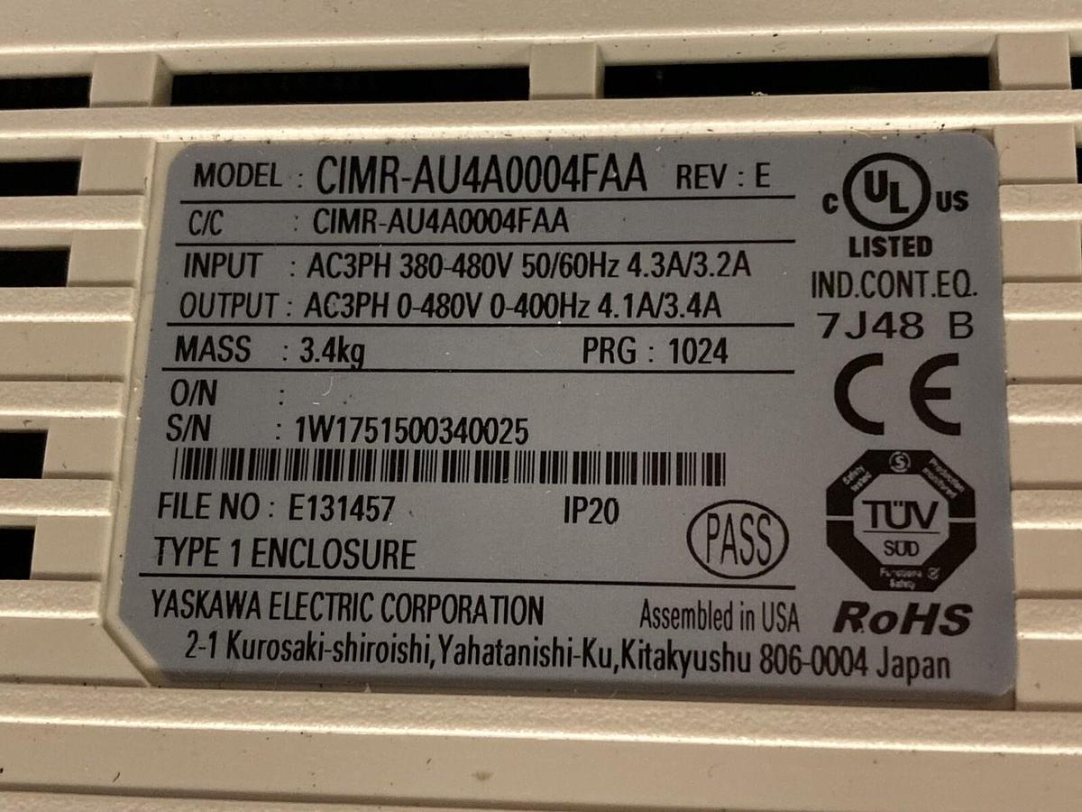 Yaskawa,CIMR-AU4A0004FAA,VFD Variable Frequency Drive 480v 4.3A
